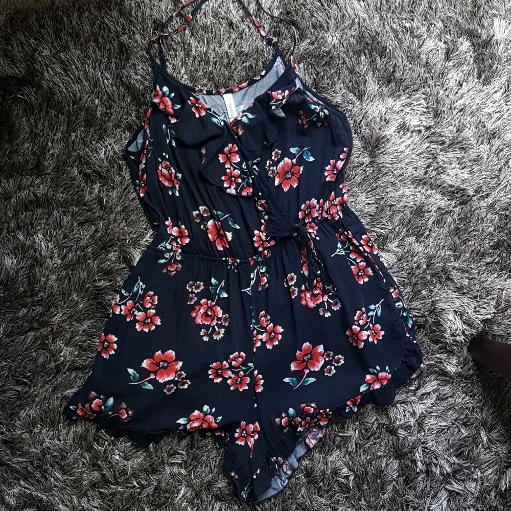 Red and black floral romper